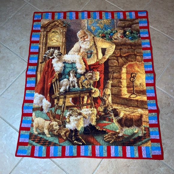 RARE Like new Vintage Santa and Friends Small Quilted Blanket homemade